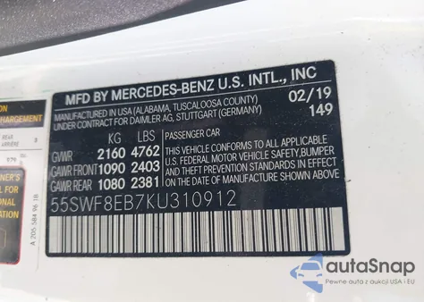 2019 Mercedes-Benz C 300 4Matic из США, поврежденный, VIN 55SWF8EB7KU310912